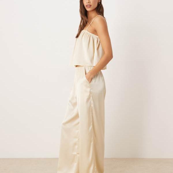 エイソス ASOS asos ASOS DESIGN 繻子 ワイドレッグ パジャマズボン下（象牙色） 下つ方  ズボン下 レディース 成人女性 インポートブランド 弱められた大きさから馬鹿でかい大きさまで