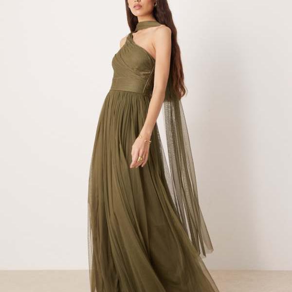 Lace & Beads レース&ビーズチュールワンショルダースカーフネックマキシドレス(ディープオリーブ) ワンピース レディース 女性 インポートブランド 小さいサイズから大きいサイズまで|セレクトショップ Diva Closet