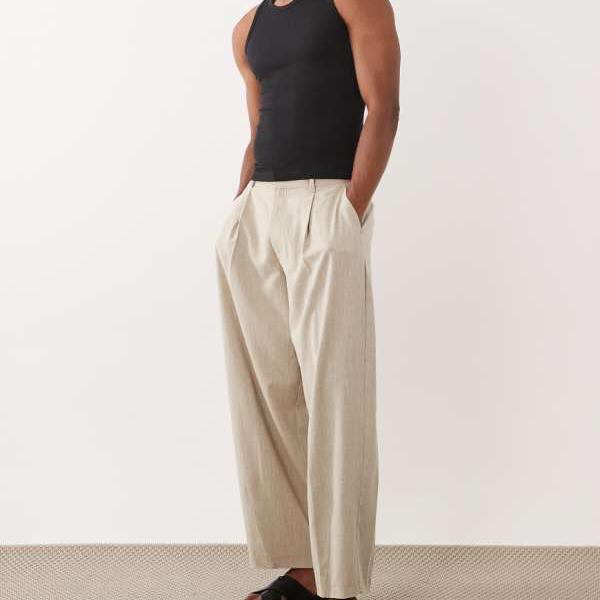エイソス ASOS asos ASOS DESIGNのスマートなバレルレッグパンツ（ストーンリネン風テクスチャ） パンツ ボトム メンズ 男性 インポートブランド 小さいサイズから大きいサイズまで