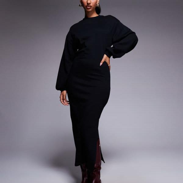 エイソス ASOS asos ASOS DESIGN コットン バルーンスリーブ ミディ スウェット ドレス（ブラック） ワンピース レディース 女性 インポートブランド 小さいサイズから大きいサイズまで
