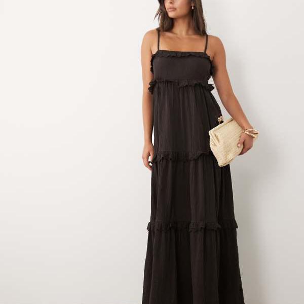 エイソス ASOS asos ASOS DESIGN レーストリムティアードクリンクルキャミミディドレス（黒茶） 衣裳 レディース 亭主もち インポートブランド ごく小さい大きさから大層らしい大きさまで