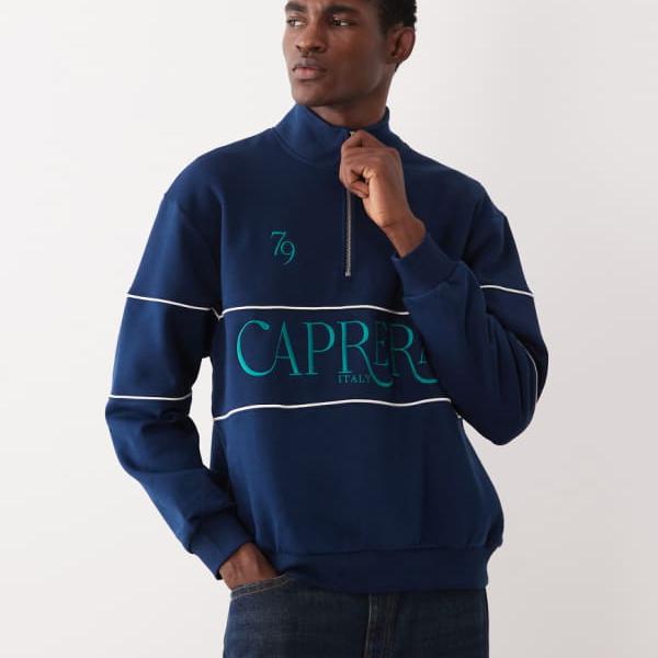 エイソス ASOS asos ASOS DESIGN 伸び伸びする填まる 刷り上げる ハーフジップ 刺しゅう トレーナー パイピング付き添い人 米国海軍 トップス メンズ 成人男性 インポートブランド たわい無い大きさから気が大きい大きさまで