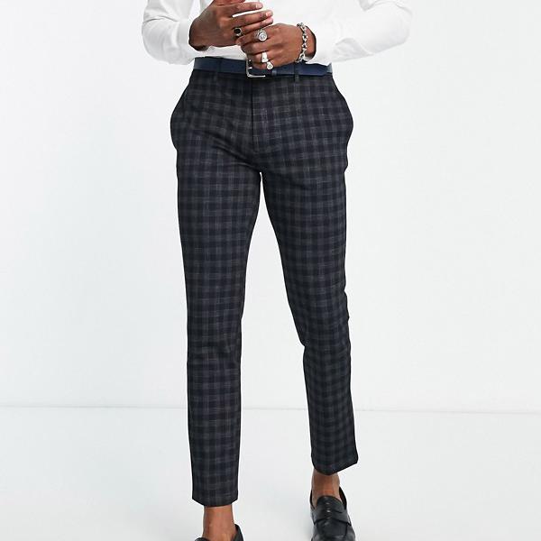 リバーアイランド River Island RIVER ISLAND River Island バッファロー チェック スマート トラウザーズ、ネイビー パンツ ボトム メンズ 男性 インポートブランド 小さいサイズから大きいサイズまで
