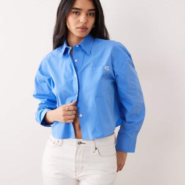 カルバンクラインジーンズ Calvin Klein Jeans カルバン・クライン・ジーンズの綿織物ポプリン製クロップドシャツ（青碧） ズボン下 下つ方 レディース 亭主もち インポートブランド ごく小さい大きさから大層らしい大きさまで