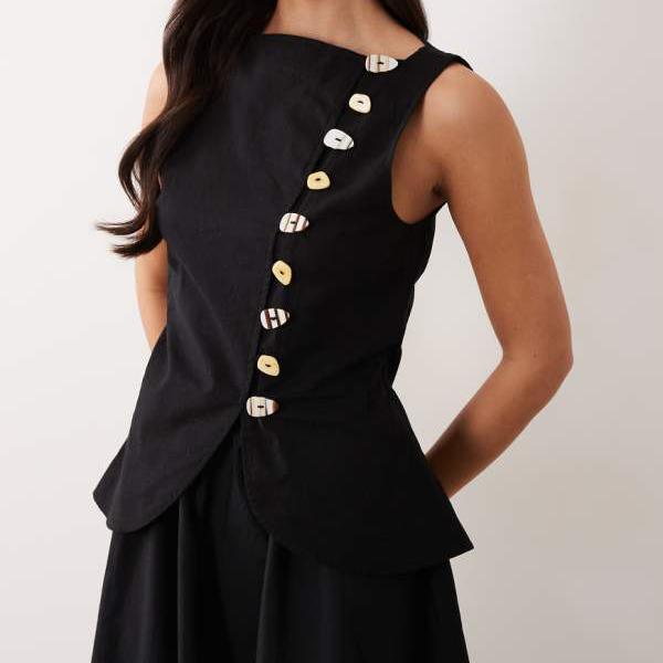 エイソス ASOS asos ASOS DESIGN リネン調ベスト付きマキシドレス（ポプリンスカート、ブラック） ワンピース レディース 女性 インポートブランド 小さいサイズから大きいサイズまで