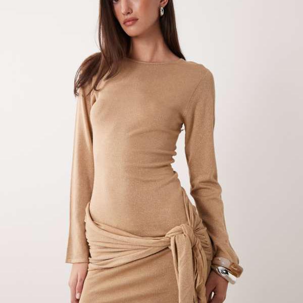 ミスセルフリッジ Miss Selfridge ミス・セルフリッジのニットタイディテールミニドレス（ゴールド） ワンピース レディース 女性 インポートブランド 小さいサイズから大きいサイズまで