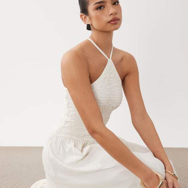 エイソス ASOS asos ASOS DESIGN クリンクルキャミソールホルターミディド??レス（クリーム色） ワンピース レディース 女性 インポートブランド 小さいサイズから大きいサイズまで