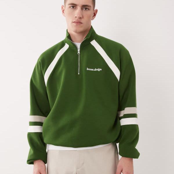 エイソス ASOS asos ASOS DESIGNのリラックス感のあるハーフジップスウェットシャツ。カット＆ソーのディテールが特徴で、グリーンカラー。 トップス メンズ 男性 インポートブランド 小さいサイズから大きいサイズまで