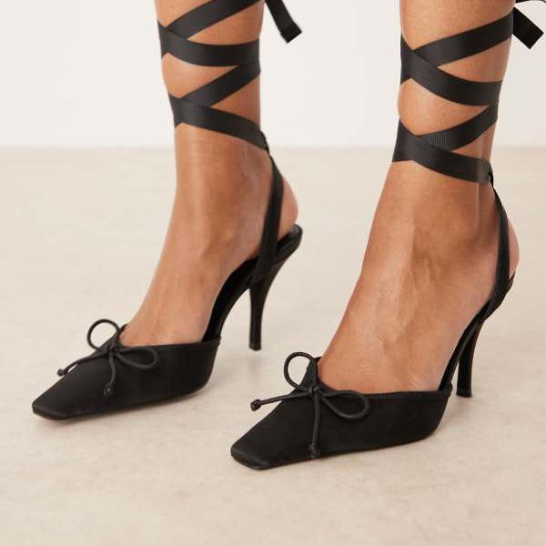 エイソス ASOS asos ASOS DESIGN ピオニータイレッグディテールハイヒールシューズ（ブラックサテン） 靴 レディース 女性 インポートブランド 小さいサイズから大きいサイズまで