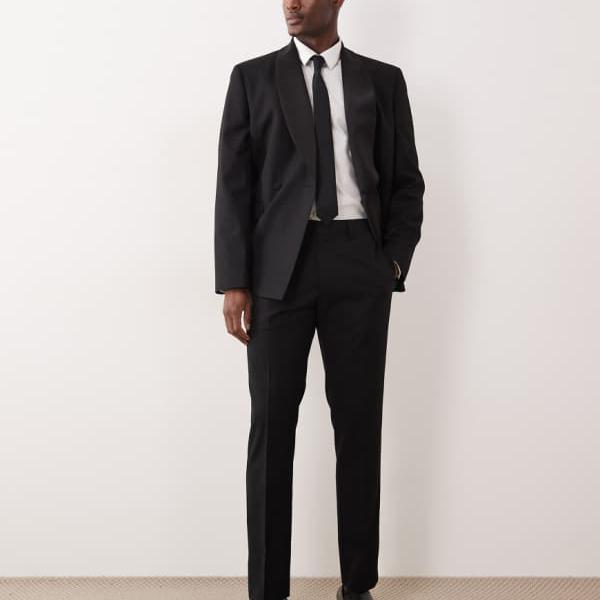 エイソス ASOS asos ASOS DESIGNのスリムスーツパンツ。同系色のマイクロチェッカーボード織り、黒いこと。 ズボン下 下つ方 メンズ 成人男性 インポートブランド たわい無い大きさから気が大きい大きさまで