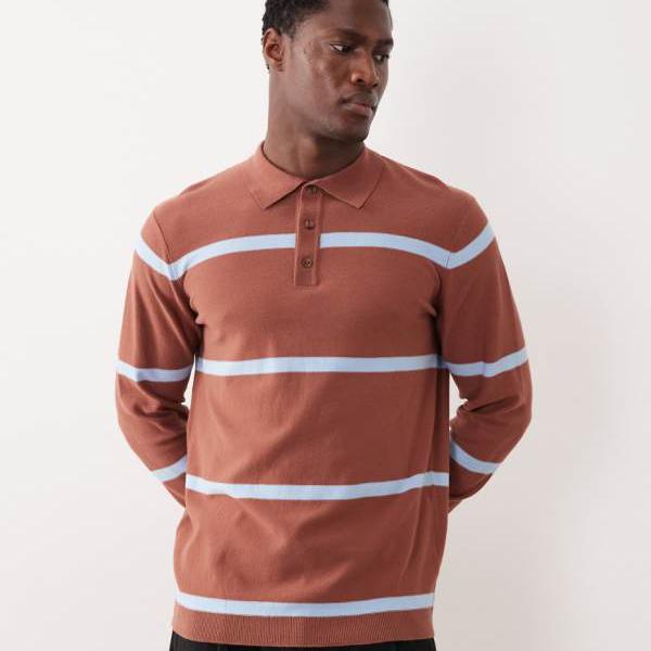 エイソス ASOS asos ASOS DESIGN ニット長袖ポロシャツ（ブラウン＆ブルーストライプ） トップス メンズ 男性 インポートブランド 小さいサイズから大きいサイズまで