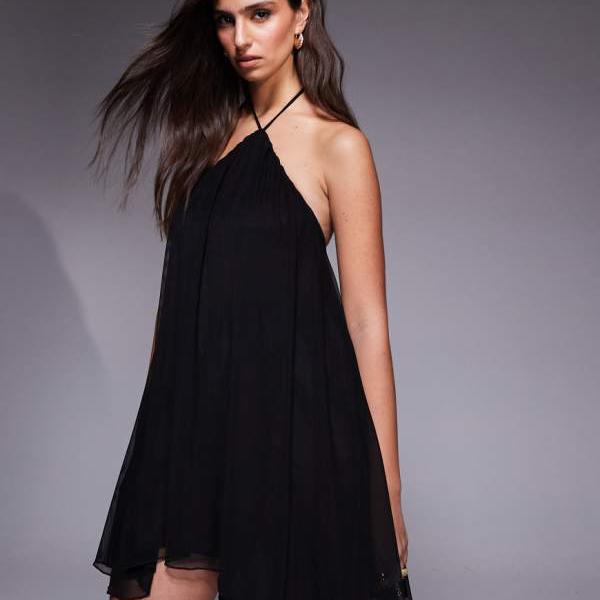 Fashionkilla メッシュオーバーレイ ホルターネック ティアード ベビードール ミニドレス（ブラック） ワンピース レディース 女性 インポートブランド 小さいサイズから大きいサイズまで 14,865円