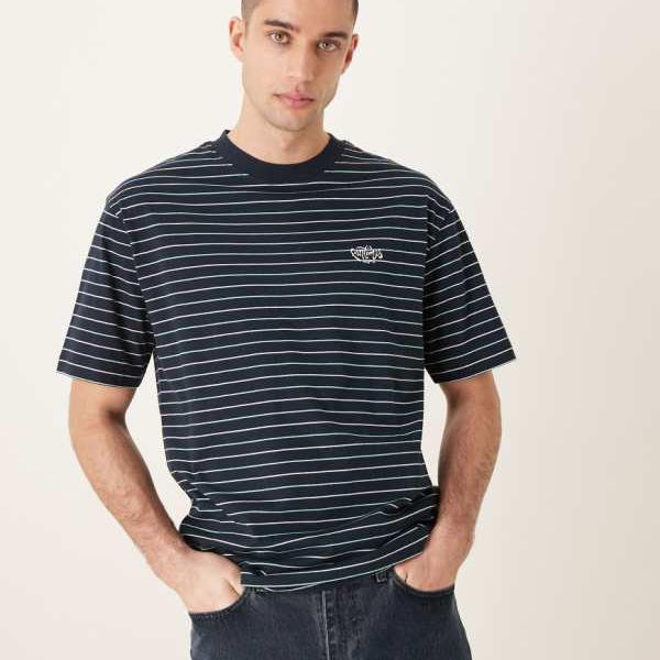 エイソス ASOS asos ASOS DESIGNのネイビーストライプのテキストグラフィック入りリラックスTシャツ トップス メンズ 男性 インポートブランド 小さいサイズから大きいサイズまで