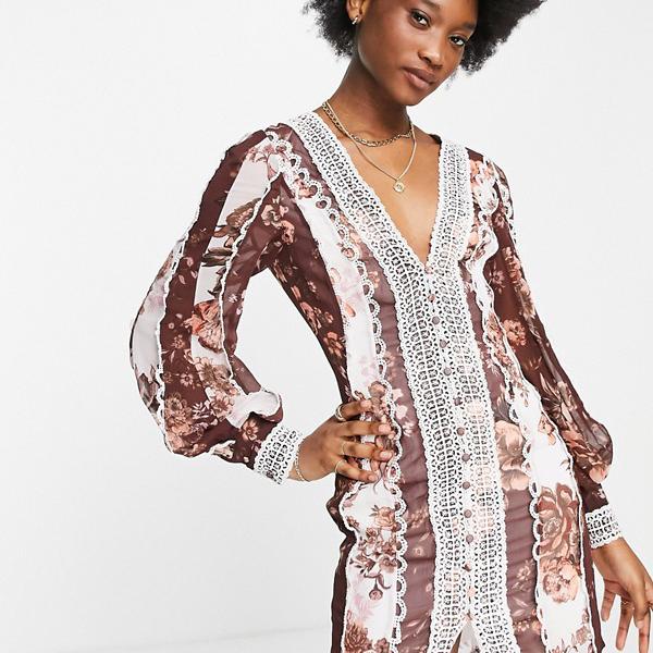 在庫有 エイソス Asos Asos Asos Designブルゾンスリーブミニドレス レースとボタンのディテールがミックスフローラルプリント ワンピース レディース 女性 インポートブランド 小さいサイズから大きいサイズまで セレクトショップ Diva Closet 注目ブランド Secom