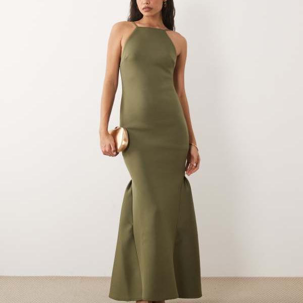 エイソス ASOS asos ASOS DESIGN ハイネック マキシお召しもの 明けっ広げうしろ側 オリーブ 衣装 レディース お上さん インポートブランド たわい無い大きさから気が大きい大きさまで