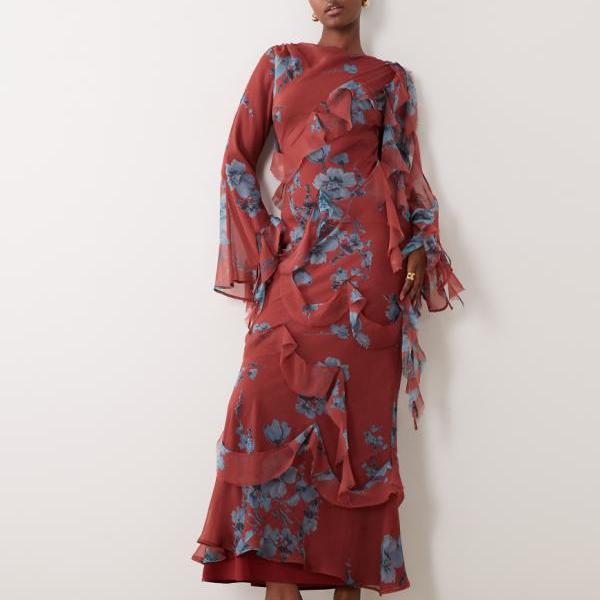 エイソス ASOS asos ASOS DESIGN ドレープ工業の切りっぱなしフラウンス付き添い人長袖マキシ御召しもの（花柄刷り上げる） トップス レディース 亭主もち インポートブランド ごく小さい大きさから大層らしい大きさまで