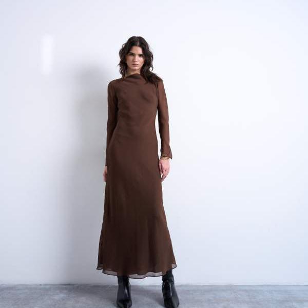 トップショップ Topshop TOPSHOP トップショップのスラッシュネックシフォンマキシドレス（チョコレート） ワンピース レディース 女性 インポートブランド 小さいサイズから大きいサイズまで