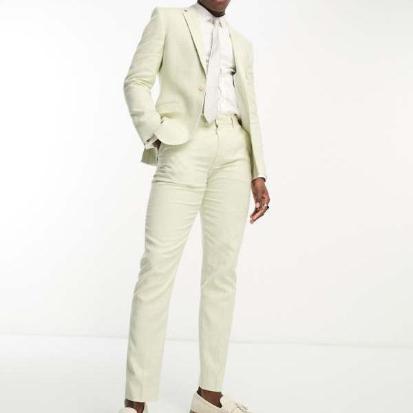 エイソス ASOS asos ASOS DESIGN スーパースキニースーツジャケット（リネンミックス、パピートゥースチェック、グリーン） アウター メンズ 男性 インポートブランド 小さいサイズから大きいサイズまで