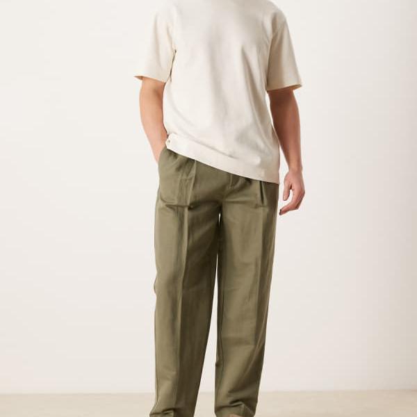 エイソス ASOS asos ASOS DESIGN スマートリネンリッチオーバーサイズテーパードパンツ（オリーブ緑であること） ズボン下 下つ方 メンズ 成人男性 インポートブランド ごく小さい大きさから大層らしい大きさまで