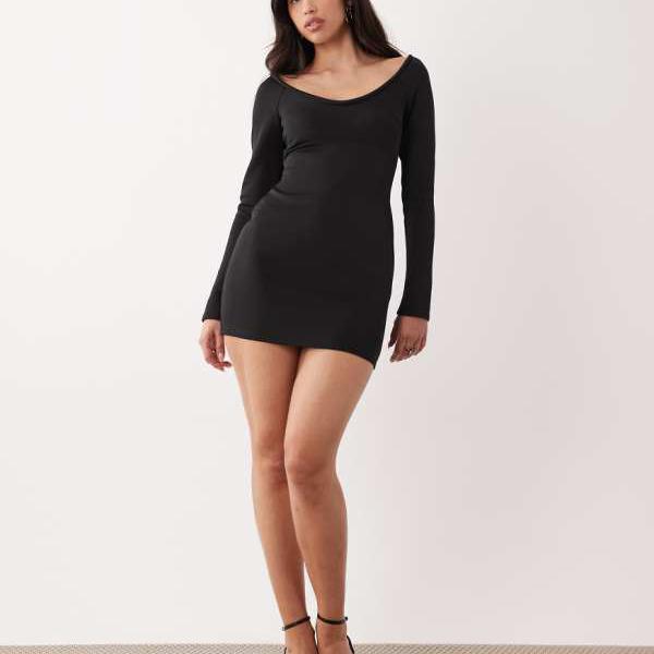 エイソス ASOS asos ASOS DESIGNのショルダーグレイザー長袖スクープネックミニドレス（ブラックスキューバスタイル生地） トップス レディース 女性 インポートブランド 小さいサイズから大きいサイズまで