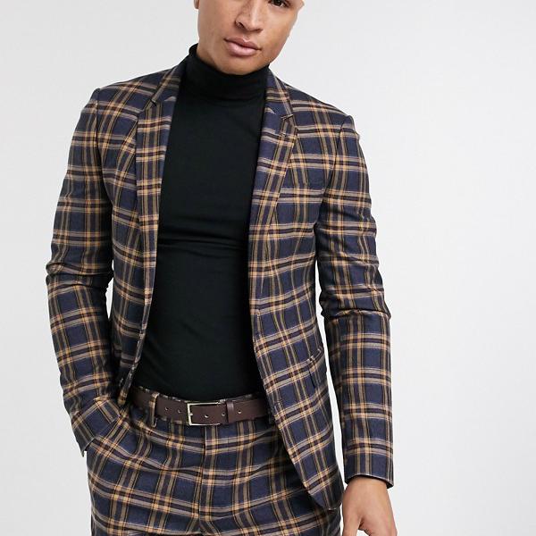 エイソス Asos Asos Asosdesignスキニースーツジャケットマスタードとレッドボールドチェック アウター メンズ 男性 インポートブランド 小さいサイズから大きいサイズまで Antaraglobal Org