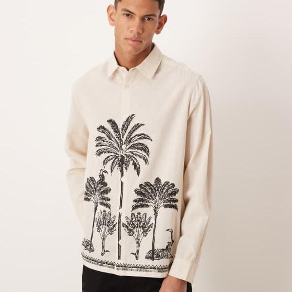 エイソス ASOS asos ASOS DESIGNのリネン素材にヤシの木のプリントを施したリラックスシャツ(ベージュ) トップス メンズ 男性 インポートブランド 小さいサイズから大きいサイズまで