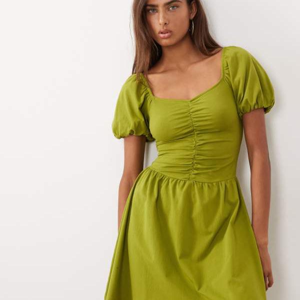 エイソス ASOS asos ASOS DESIGN ギャザー入りフロントミニティードレス（ゴールデングリーン） ワンピース レディース 女性 インポートブランド 小さいサイズから大きいサイズまで