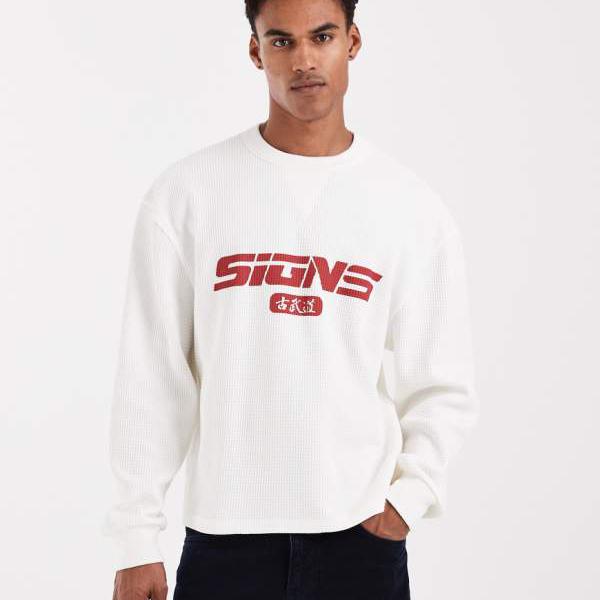 エイソス ASOS asos ASOS DESIGN 伸び伸びする相応う ワッフルスウェットシャツ 刷り上げる入り口・入口 象牙色 トップス メンズ 成人男性 インポートブランド 弱められた大きさから馬鹿でかい大きさまで