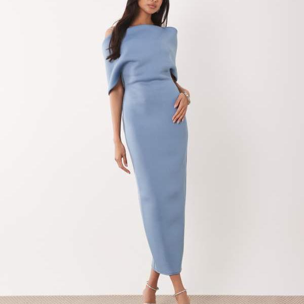 エイソス ASOS asos ASOS DESIGNのディープバルドーミディド??レス、ケープバックディテール、スレートブルーのスキューバ風生地 ワンピース レディース 女性 インポートブランド 小さいサイズから大きいサイズまで