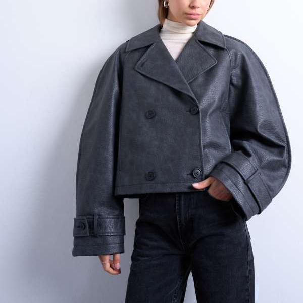 トップショップ Topshop TOPSHOP トップショップのフェイクレザー、オーボイドスリーブのショートトレンチコート（ウォッシュドブラック） パンツ ボトム レディース 女性 インポートブランド 小さいサイズから大きいサイズまで