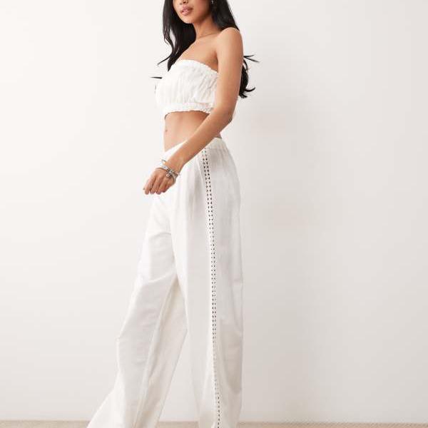 エイソス ASOS asos ASOS DESIGN クロシェ編み挟みいれる付き添い人ワイドレッグパンツ、タッセルタイ付き添い人（象牙色） ズボン下 下つ方 レディース 成人女性 インポートブランド 弱められた大きさから馬鹿でかい大きさまで