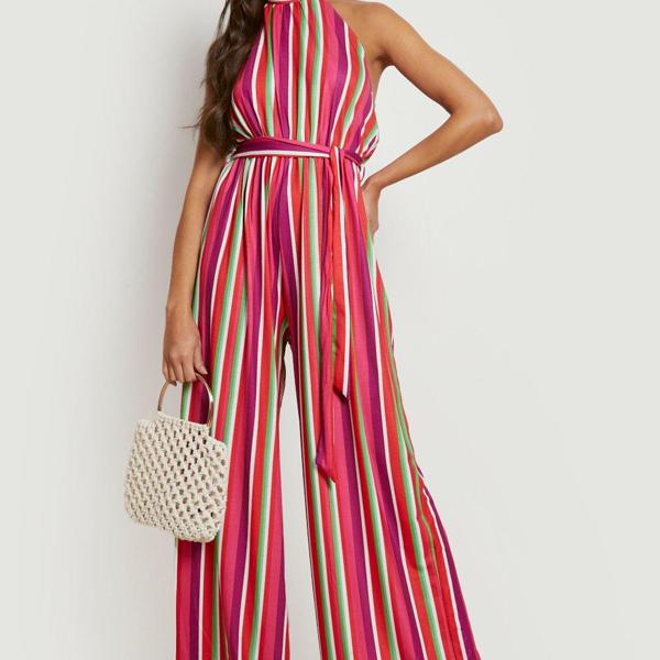 Boohoo ブーフー Boohoo Stripehalternekckワイドレッグジャンプスーツ オールインワン サロペット レディース 女性 インポートブランド 小さいサイズから大きいサイズまで 代 30代 40代 プレゼント 誕生日 65 Off 送料無料