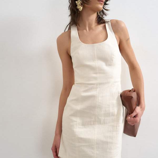トップショップ Topshop TOPSHOP トップショップのコットン製スクープネック、厚手のツイル素材のシーム入りミニドレス（オフホワイト） ワンピース レディース 女性 インポートブランド 小さいサイズから大きいサイズまで