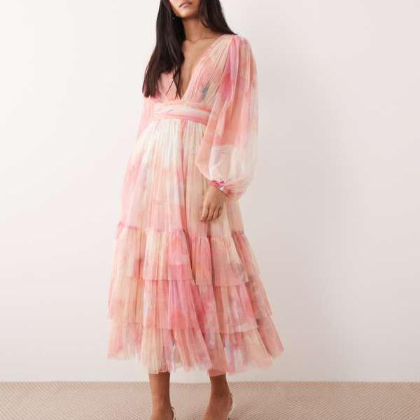 Lace & Beads レースとビーズがあしらわれたピンクの花柄プリントの長袖マキシドレス トップス レディース 女性 インポートブランド 小さいサイズから大きいサイズまで