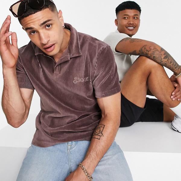 エイソス Asos Asos Asosdesignのオーバーサイズショートレヴァーポロtシャツ ブラウンリブベロア トップス メンズ 男性 インポートブランド 小さいサイズから大きいサイズまで Andapt Com