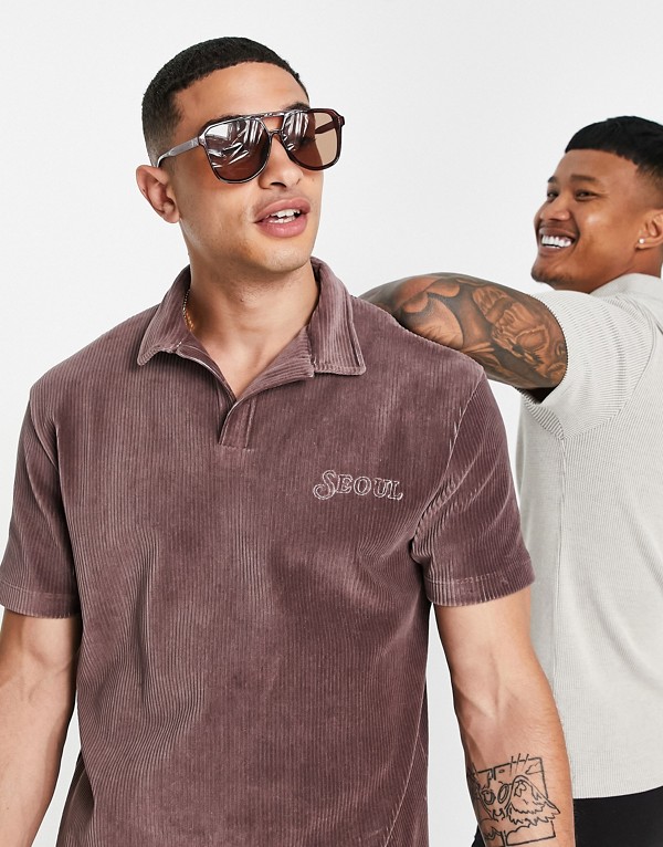 エイソス Asos Asos Asosdesignのオーバーサイズショートレヴァーポロtシャツ ブラウンリブベロア トップス メンズ 男性 インポートブランド 小さいサイズから大きいサイズまで Rvcconst Com