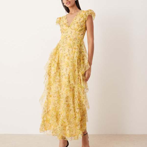 Lace & Beads レース＆ビーズ メロディー チュール Vネック ラッフル フリル ディテール マキシドレス イエローフローラル ワンピース レディース 女性 インポートブランド 小さいサイズから大きいサイズまで｜セレクトショップ　Diva　Closet