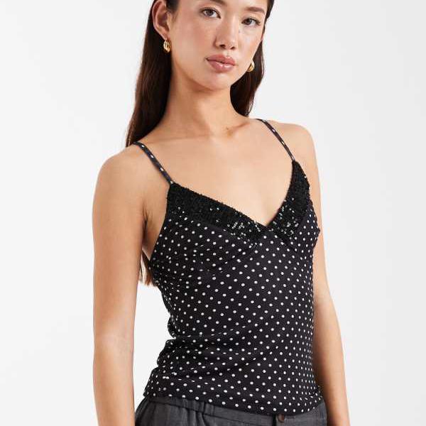 エイソス ASOS asos ASOS DESIGN スパンコールトリムメッシュキャミトップ（ブラックポルカドット） トップス レディース 女性 インポートブランド 小さいサイズから大きいサイズまで