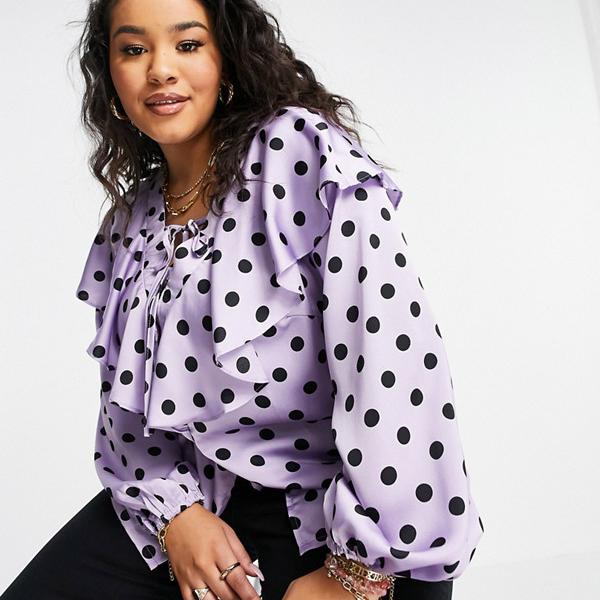 シャツ ブラウス Simply Be 小さいサイズから大きいサイズまで インポートブランド 女性 レディース トップス ライラックの水玉模様のフリルネックのブラウス おすすめ