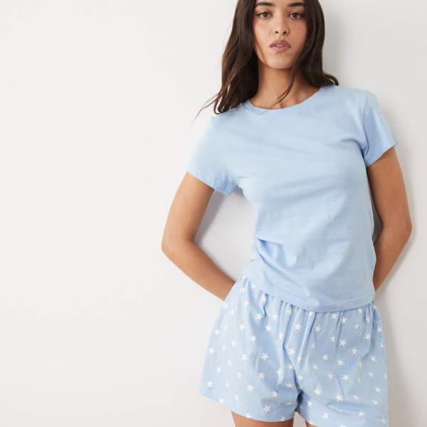 エイソス ASOS asos ASOS DESIGN もの言う花プルオーバー＆パジャマショートパンツセット、レタスヘム、青色、星柄刷り上げる ズボン下 下つ方  レディース お上さん インポートブランド たわい無い大きさから気が大きい大きさまで