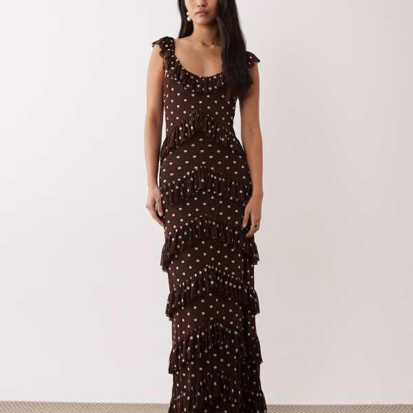 プリティーラビッシュ Pretty Lavish Pretty Lavishのブラウンのドット柄メッシュフリルティアードマキシドレス ワンピース レディース 女性 インポートブランド 小さいサイズから大きいサイズまで|セレクトショップ Diva Closet