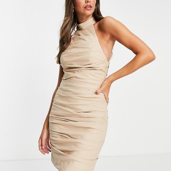 エイソス Asos Asos Asos Designトールホルタープリーツリネンミニドレス レースアップバック ワンピース レディース 女性 インポート ブランド 小さいサイズから大きいサイズまで Boscouganda Com