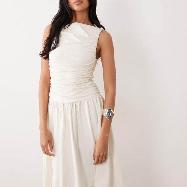 エイソス ASOS asos ASOS DESIGN ギャザー入りボディスミディドレス（クリーム色） ワンピース レディース 女性 インポートブランド 小さいサイズから大きいサイズまで