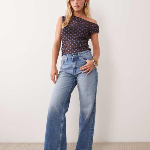 エイソス ASOS asos ASOS DESIGN プチサイズ ワイドレッグ ダッドジーンズ オーセンティックミッドウォッシュ 下つ方  ズボン下 レディース 成人女性 インポートブランド 弱められた大きさから馬鹿でかい大きさまで