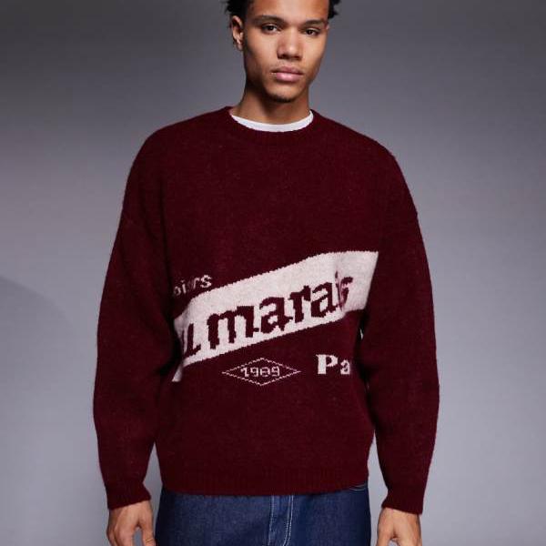 エイソス ASOS asos ASOS DESIGN オーバーサイズ ニット グラフィック ジャンパー（バーガンディ） トップス メンズ 男性 インポートブランド 小さいサイズから大きいサイズまで