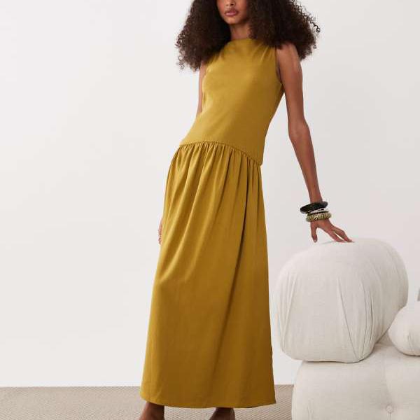 エイソス ASOS asos ASOS DESIGN リブミックスミディドレス（ドロップウエスト、オリーブ） ワンピース レディース 女性 インポートブランド 小さいサイズから大きいサイズまで