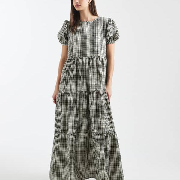 デイジーストリート Daisy Street デイジーストリートのネイビーチェックのパフ捩り付き添い人スモックティアードドレス 衣装 レディース 成人女性 インポートブランド 弱められた大きさから馬鹿でかい大きさまで
