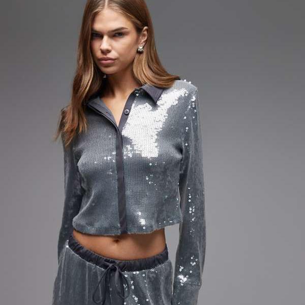 エイソス ASOS asos ASOS DESIGN コーデュロイ ガラス スパンコール シャツ（コントラストカラー、グレー） レディース 女性 インポートブランド