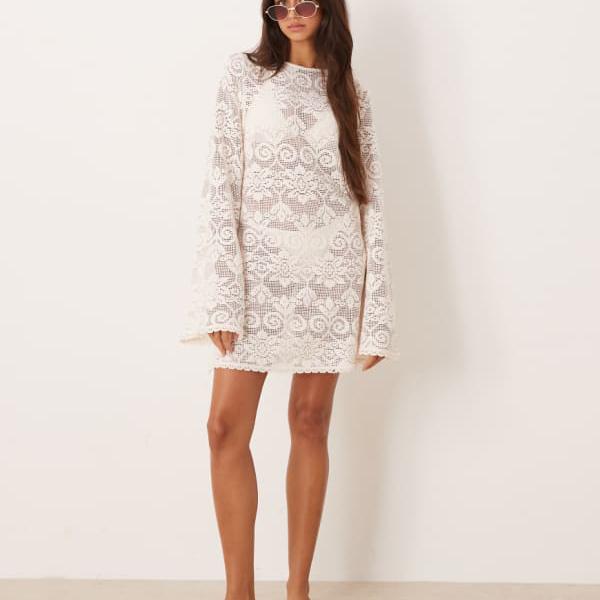 エイソス ASOS asos ASOS DESIGN ミネット ビーチ クロシェ レース ミニドレス（クリーム色） ワンピース レディース 女性 インポートブランド 小さいサイズから大きいサイズまで
