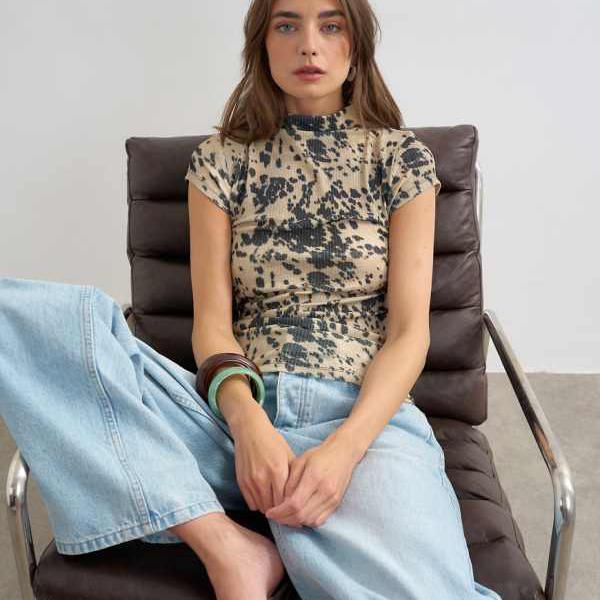 とっ始め販売店 Topshop TOPSHOP とっ始め販売店のメッシュ原材料の毛の荒物柄キャップスリーブトップス（牛柄） かぶり笠 レディース 成人女性 インポートブランド